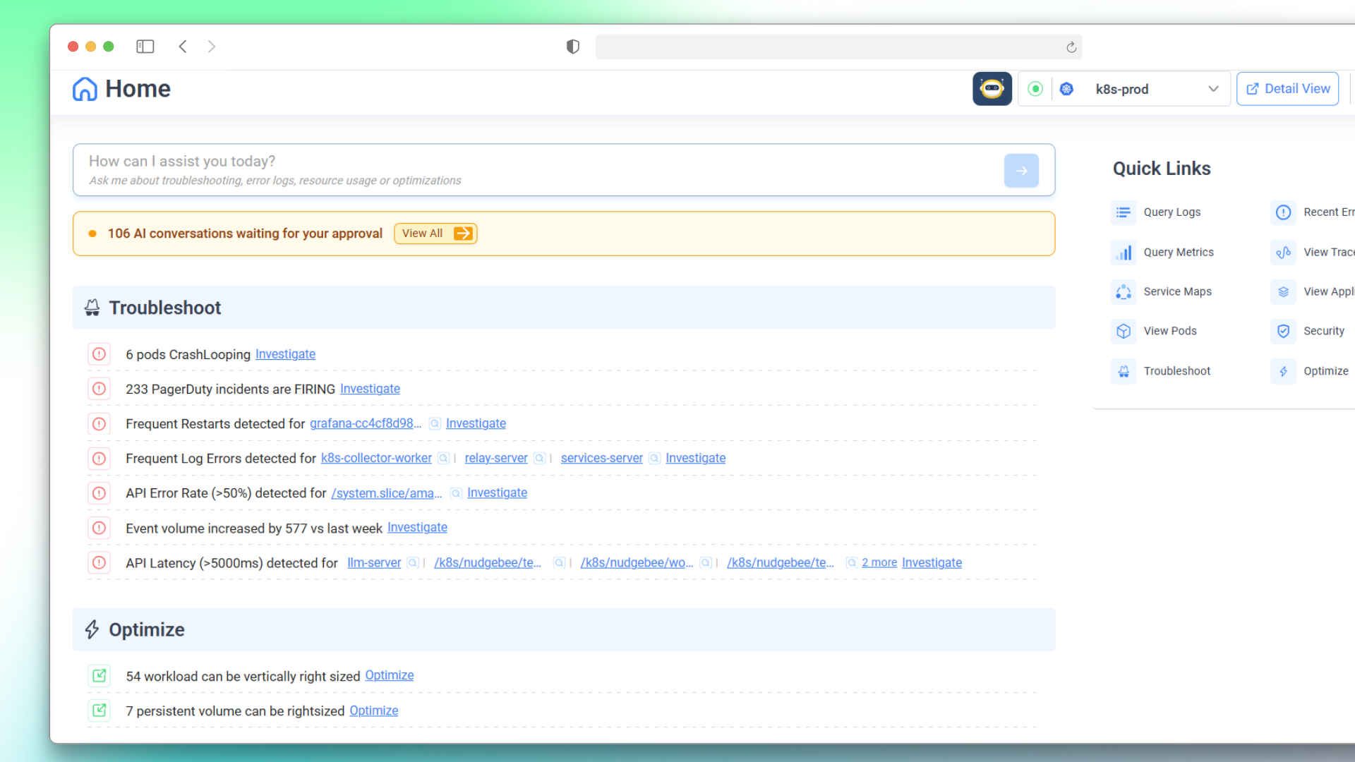 Nudgebee Kubernetes Ops AI-Assistant showing cluster management and upgrade planning